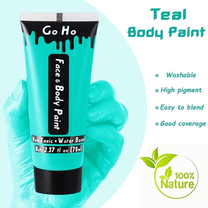 Go Ho Teal Face Body Paint Washable(2.37oz/pc),Water Based Cream Face Paint,Teal Body Paint for SFX Cosplay Costumes Festivals Halloween Makeup