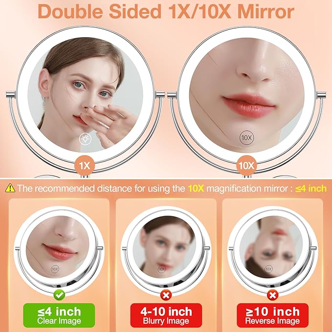 Benbilry 9" Large Wall Mounted Lighted Makeup Mirror, 1X/10X Magnifying 2-Sided AC Plug-in Powered Bathroom Mirror with 3 Color Lights, Touch Dimmable, Extended Arm 360° Rotation, Chrome