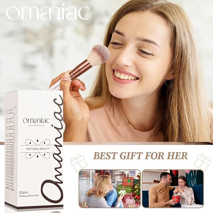 OMANIAC Makeup Brush Set Professional, 20Pcs Pearlescent Wood Handle Makeup Brushes, Premium Cruelty-Free Synthetic Fiber Hair, Travel Make up Brushes Set with Case (Rose red)