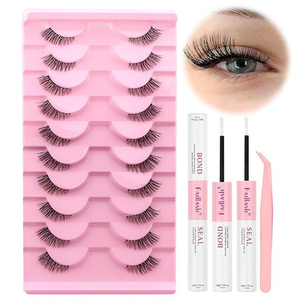 FADLASH False Eyelashes Kit 10 Pairs Faux Mink Lashes Wispy with Lash Bond and Seal and Tweezer Fake Eyelashes Natural Look Handmade Eyelashes Cat Eye Lashes Fake Lashes Strips (BY001 Kit)