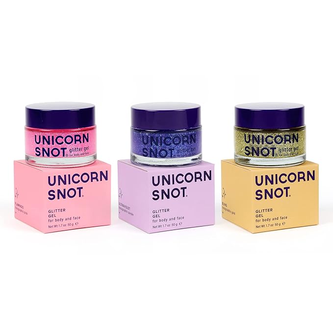 UNICORN SNOT Holographic Face Glitter & Body Glitter Gel: Glitter Makeup, Festival Rave and Anime Cosplay, Halloween Costume Makeup - Vegan & Cruelty Free, 1.7 oz 3-Pack (Flamingo/UV/Bling)
