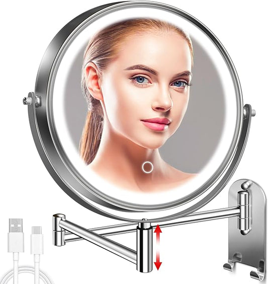 8" Wall Mounted Lighted Makeup Mirror, 3000mAh Rechargeable Double Sided 1X/10X Magnifying Mirror with Hook,3 Color Lights Dimmable 360° Rotation Vanity Mirror for Bathroom