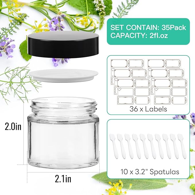 35 Pack 2 oz Clear Round Glass Jars with Black Lids - Portable Empty Glass Containers with Inner Liners for Cosmetic, Body Butters, Body Butter, Candle Jars