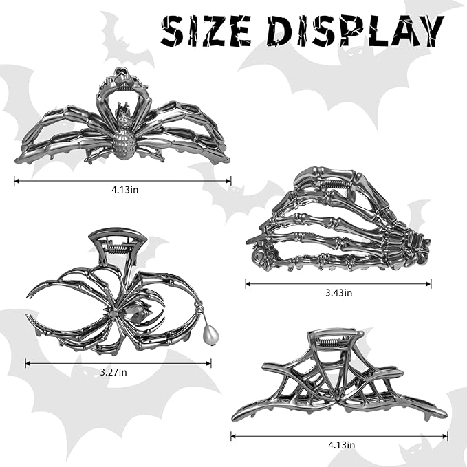 3Pack Metal Black Spider Web hair clips Skeleton Hand Skull Hair Clips for Women And Girls,Goth Accessories for Thick Hair, Claw Clips Hair Accessories Halloween Christmas Gift (Silver 3Pcs)