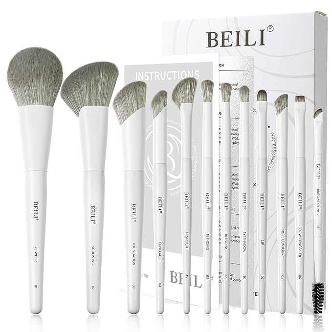 BEILI Makeup Brush Set,White Makeup Brush Set, 12 Vegan Makeup Brushes for Powder Foundation, Concealer, Eyebrows, Eyeshadow, Contour, Eyeliner, Blender Eye Brush