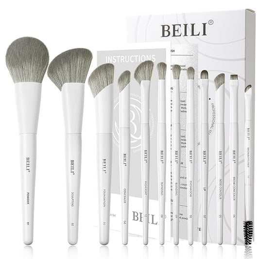 BEILI Makeup Brush Set,White Makeup Brush Set, 12 Vegan Makeup Brushes for Powder Foundation, Concealer, Eyebrows, Eyeshadow, Contour, Eyeliner, Blender Eye Brush
