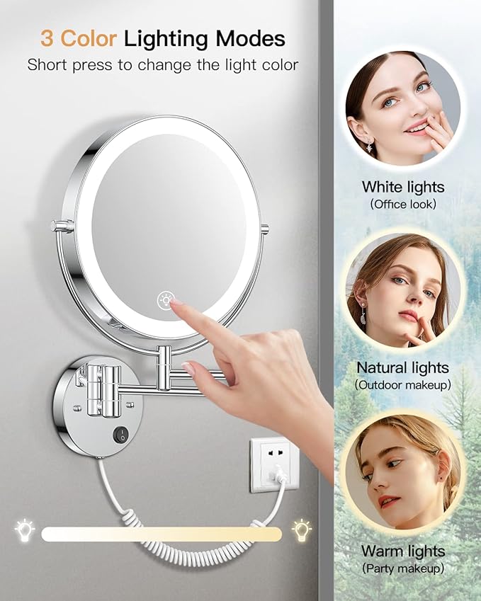 Gospire 9” Wall Mounted Lighted Magnifying Mirror, 1X/10X Magnification Double-Sided LED Bathroom Mirror, 3 Color Lights & Stepless Dimming with Touch Sensor, Extendable Arm 360° Swivel for Shaving