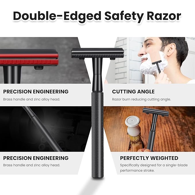 Double Edge Safety Razor With 10 Premium Stainless Steel Blade Reusable Safety Razors For Men Shaving Razor, Smooth Wet Shave Experience, Gun Black
