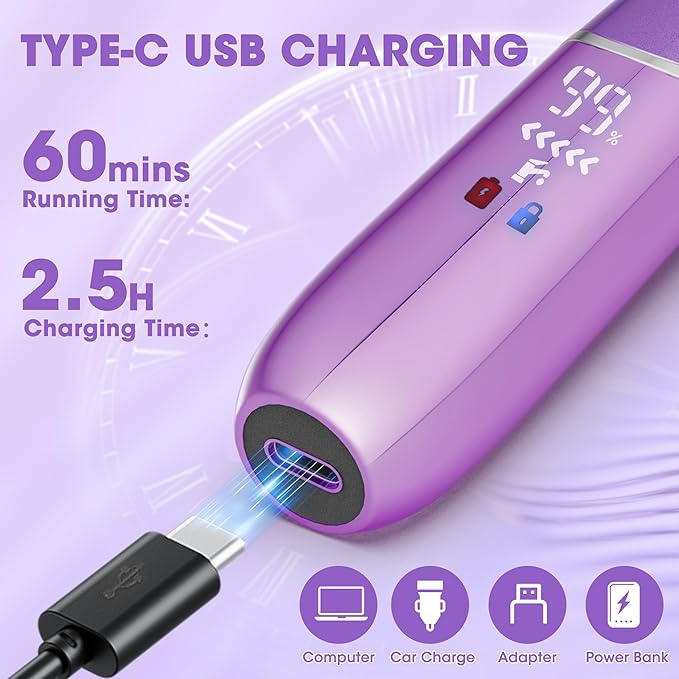 Karrte 6-in-1 Electric Razor for Women's Pubic Hair, Painless Body Shaver and Facial Epilator, Hair Removal for Face, Bikini Trimmer for Women's Private Area Purple