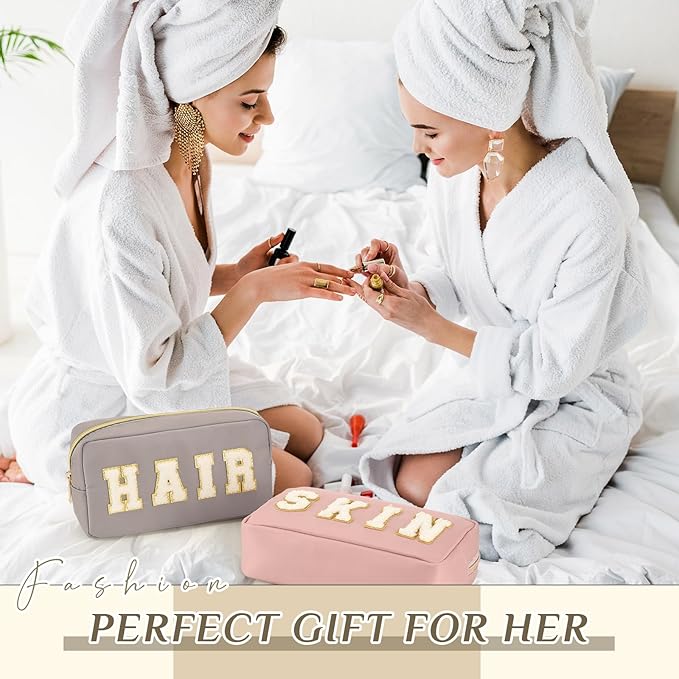 Cunno 4 Pcs Preppy Makeup Bags Chenille Letter Stuff Bag Nylon Cosmetic Pouch Cases with Zipper for Women Travel Toiletry