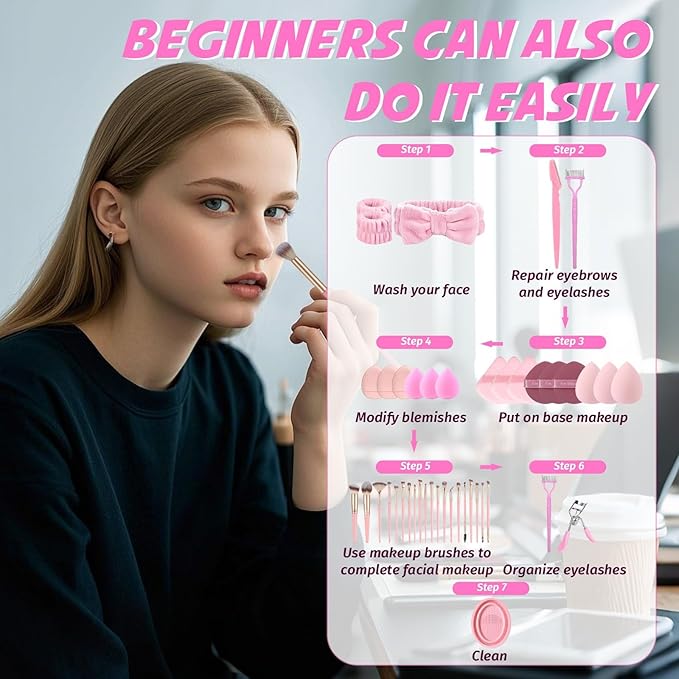 Makeup Brush Set, 48Pcs Makeup Brushes Set Professional Kit for Beginner, Premium Synthetic Foundation Concealers Powder Eye Shadows Blush Make up Brushes with Makeup Sponge, Pink