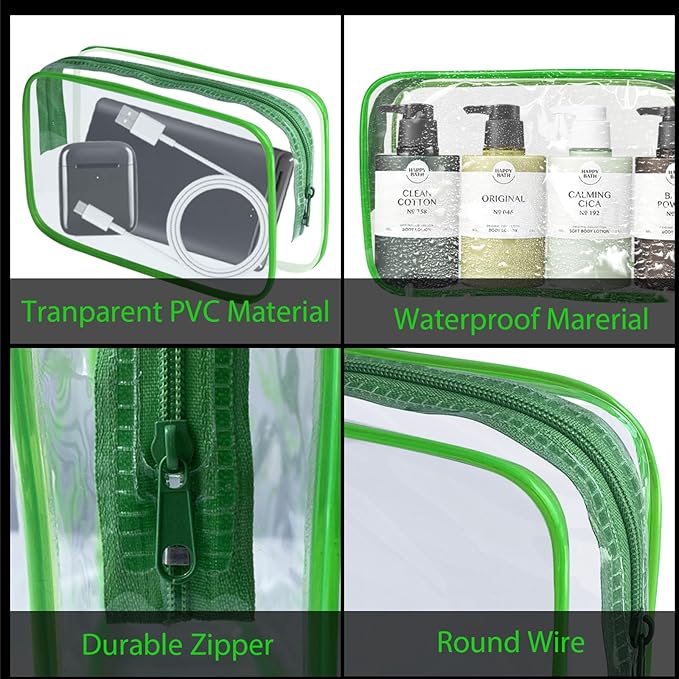 16 Pieces Clear Makeup Bag PVC Zippered Clear Toiletry Carry Pouch Portable Cosmetics Bag Waterproof Makeup Bag Vinyl Plastic Organizer Case for Travel Vacation Bathroom (Green-M)