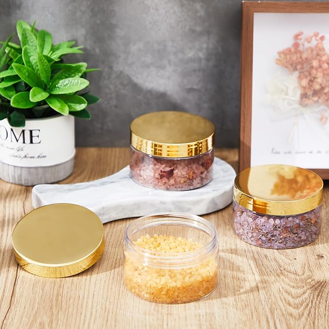Dandat 24 Pcs 8 oz Plastic Jar Container with Lid and Label Refillable Empty Round Clear with Gold PET Cosmetic Sample Containers for Lotion, Cream, Ointments, Body Butter, Makeup, Travel Storage