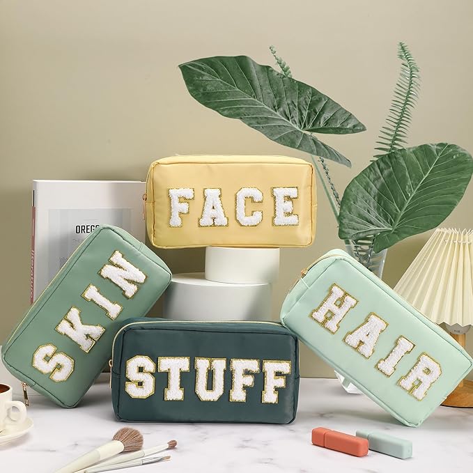 Cunno 4 Pcs Preppy Makeup Bags Chenille Letter Stuff Bag Nylon Cosmetic Pouch Cases with Zipper for Women Travel Toiletry