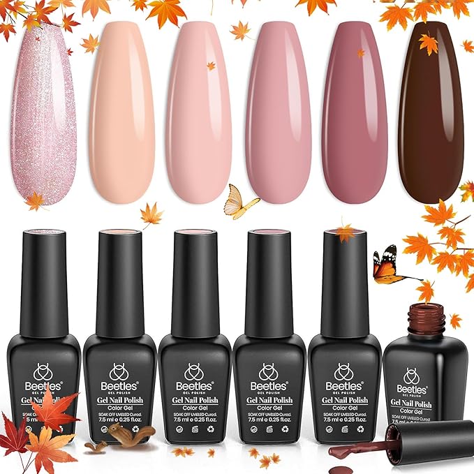 beetles Nude Gel Polish - Nude Symphony 6 Colors Polish Set, Neutral Pink Brown Glitter Skintone Gel Nail Fall Colors, Soak off Uv Led Lamp Needed Nail Art Design Home Diy Gifts For Women