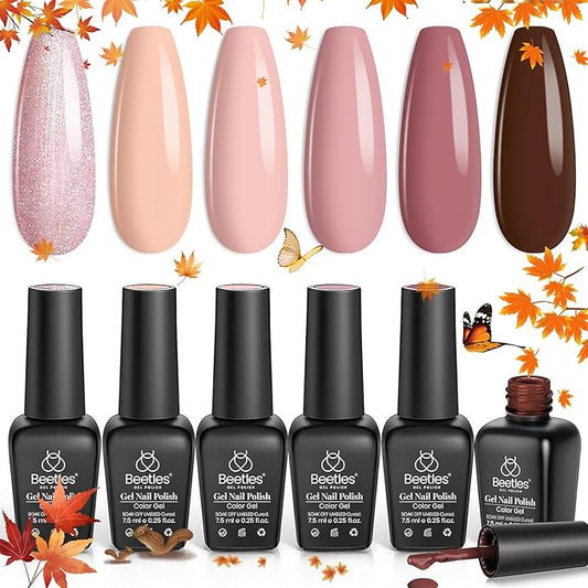 beetles Nude Gel Polish - Nude Symphony 6 Colors Polish Set, Neutral Pink Brown Glitter Skintone Gel Nail Fall Colors, Soak off Uv Led Lamp Needed Nail Art Design Home Diy Gifts For Women