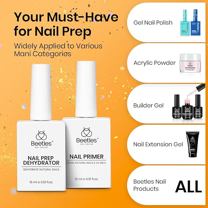 Beetles 4 Pcs 15ml Gel Top Coat and Base Coat Set with Nail Dehydrator and Primer Professional Nail Prep Acid-Free & Hema-Free Dehydrate Bond Primer Set for Acrylic & Gel Nail Polish Fall Nail Gifts
