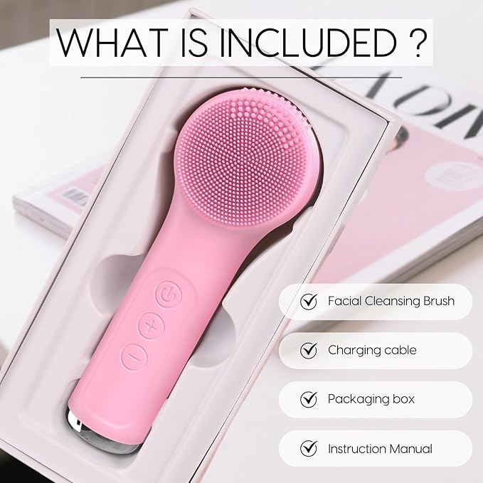 Silicone Facial Cleansing Brush, Portable Electric Face Scrubber with Heat and Vibration, 3 Modes Adjustable, Waterproof IPX6, USB-C Rechargeable, Deep Cleansing, Exfoliating and Massage