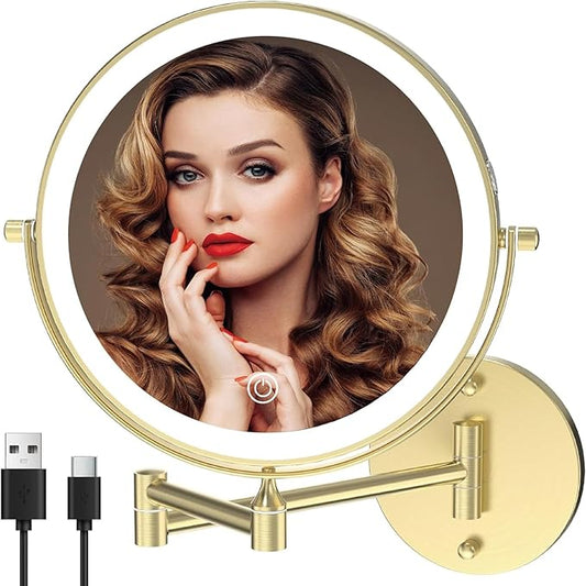 Rechargeable Wall Mounted Lighted Makeup Vanity Mirror 8 Inch Double Sided 1X 10X Magnifying Bathroom Mirror, 3 Color Lighting, Touch Screen Dimming, 360 Rotation Shaving Mirror Gold