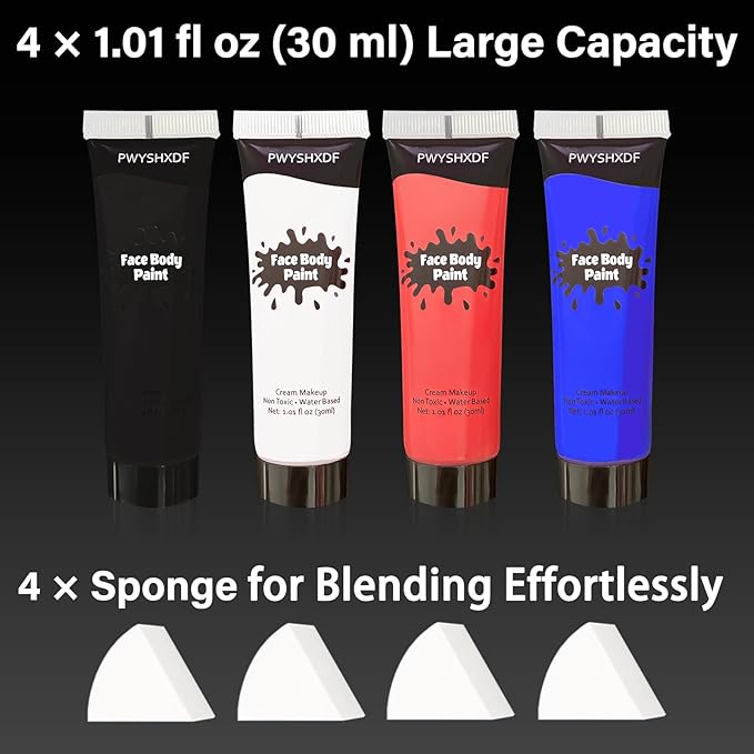 4 Colors Face Body Paint, 1.01 fl oz/PC Water Based Body Paint for Adults & Kids, Washable Face Paint Kit with Sponges, Face Painting for Halloween Clown Vampire Makeup, USA Flag/Sports Event Makeup