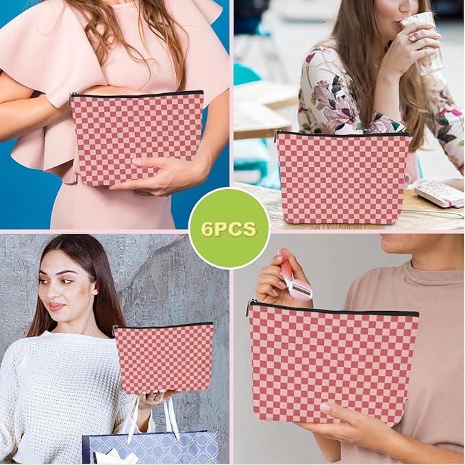 6 Pcs Checkered Makeup Bags Make up Bag Cosmetic Bags for Women Girls Employee Bridesmaid Friendship Christmas Birthday Travel Toiletry Bag Aesthetic Zipper Organizer Accessories, Cute Pink Plaid
