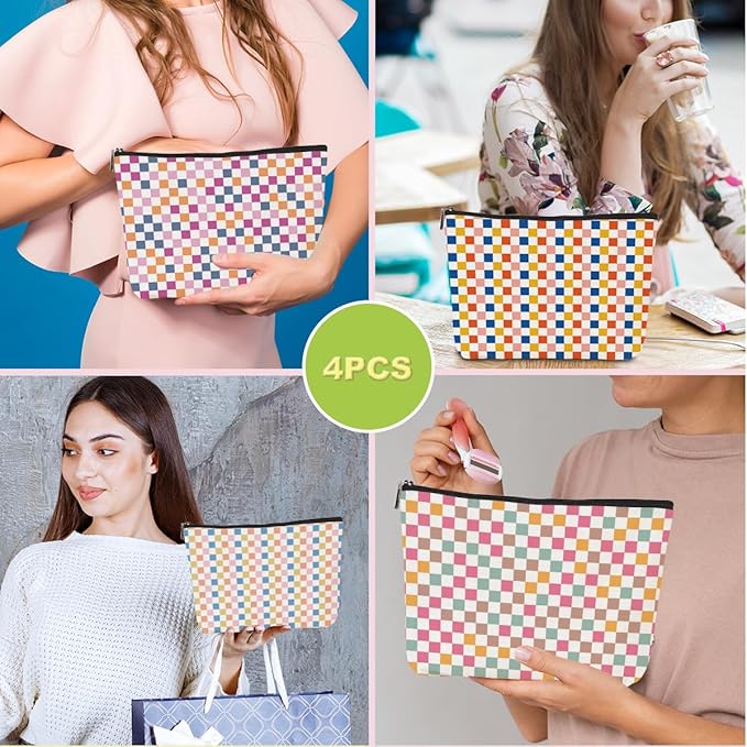 4 Pcs Checkered Makeup Bags Make up Bag Cosmetic Bags for Women Girls Sister Nurse Bridesmaid Friendship Christmas Birthday Travel Toiletry Bag Aesthetic Zipper Organizer Accessories, Cute Retro Plaid