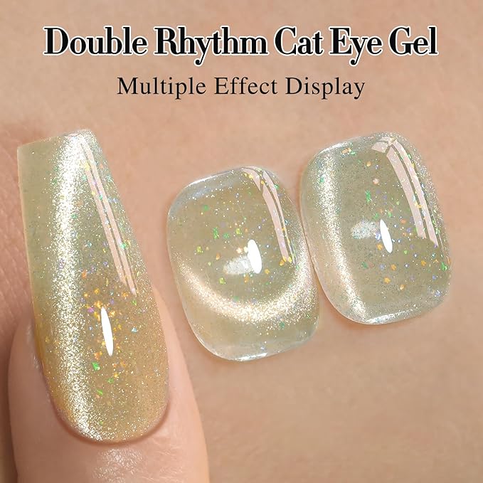 Double Rhythm 0.5 OZ Cat Eye Gel Polish with Magnet 15ML Holographic Glitter Shimmer Translucent Jelly Color Magnetic Nail Polish Salon DIY at Home (MC1060)