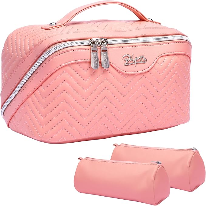 Travel Makeup Bags Cosmetic Organizer Bag: Quilted Make up Bag Set of 3 - PU Leather Toiletry Bags for Women - Portable Makeup Organizer with Compartments & Handle & Divider (14-Pink)