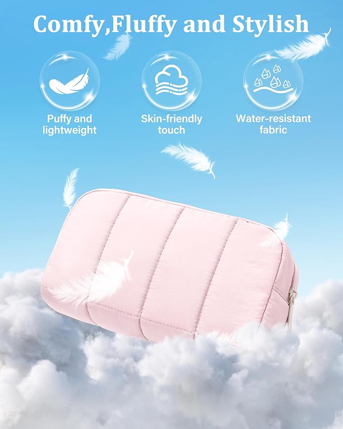 oscaurt 2 Pcs Makeup Bag Travel Toiletry Bag for Women Puffy Padded Cosmetic Pouch Purse Wide-open Makeup Organizer Case Travel Essentials