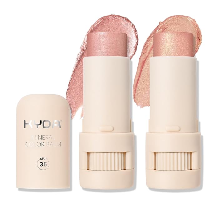 KYDA 2 Colors Mineral Color Balm, SPF 35, Buildable Shimmer Color for Lip and Cheek, Natural Shimmer Cream Blush Stick, Lightweight Blendable, Multiuse Makeup Balm, BLUSH+SHY