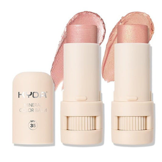 KYDA 2 Colors Mineral Color Balm, SPF 35, Buildable Shimmer Color for Lip and Cheek, Natural Shimmer Cream Blush Stick, Lightweight Blendable, Multiuse Makeup Balm, BLUSH+SHY