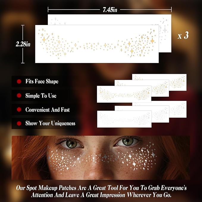 Glitter Freckles Face Tattoo 6 Sheets Face Makeup Patches Gold & Silver Star Fake Freckles Cute Glitter Makeup Accessories for Women Girls