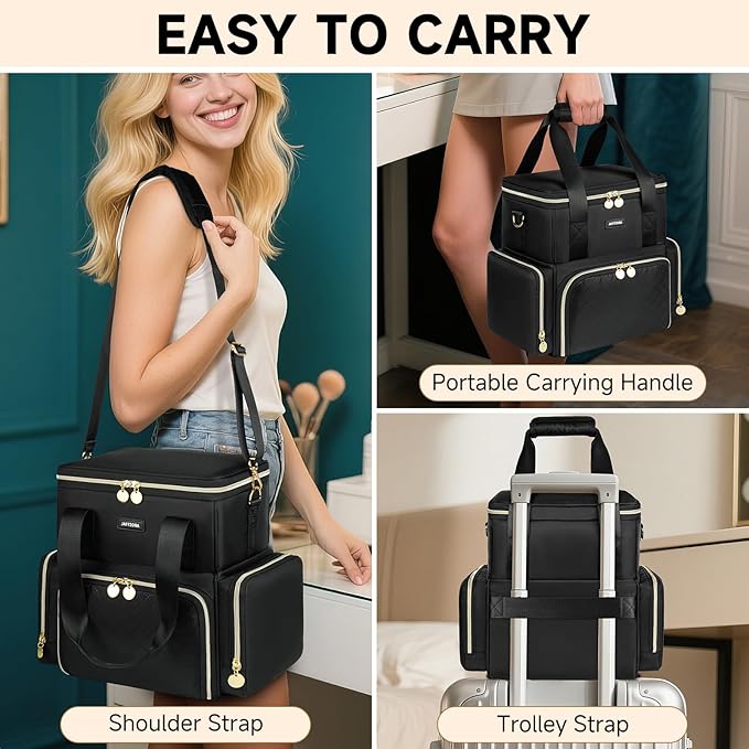 Extra Large Makeup Bag with 3 Removable Cases, Double Layers Travel Cosmetic Storage Organizer Bag with Detachable Dividers, Black