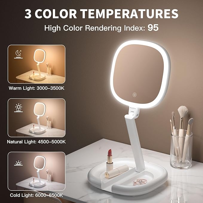 6.3'' Makeup Mirror with Magnification, 1X/8X Magnifying Vanity Mirror with 3 Light Modes, Rechargeable Double-Sided LED Lighted Mirror, Adjustable Height & Folding Stand Mirror for Women