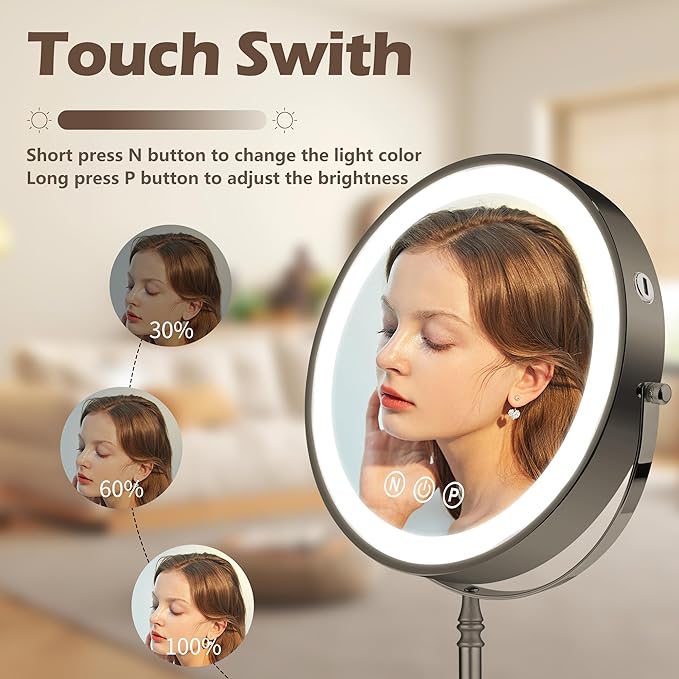 9" Large Lighted Makeup Mirror, 1X/10X Magnifying Mirror with Light, 3 Colors Brightness Adjustable, Rechargeable Double Sided Vanity Mirror with 80 LED Lights Grey