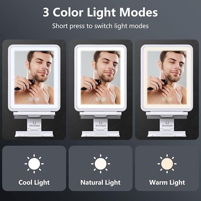 Heated Shower Mirror Fogless for Shaving, 3 Colors Stepless Dimmable Lights Fogless Mirror for Shower, Rechargeable Anti Fog Shaving Mirror with Razor Holder for Men, Light Memory Function, White