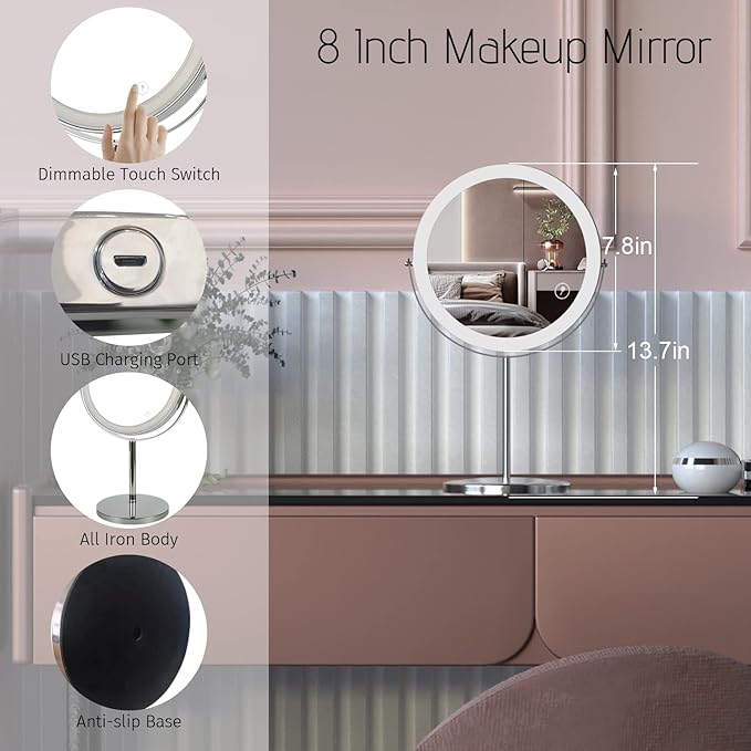 8" Lighted Makeup Mirror with Magnification, 1X/10X Magnifying Mirror with Light, Double Sided 360° Cordless Rechargeable, 3 Colors Brightness Adjustable Makeup Mirror with Lights with 52 LED(Silver)