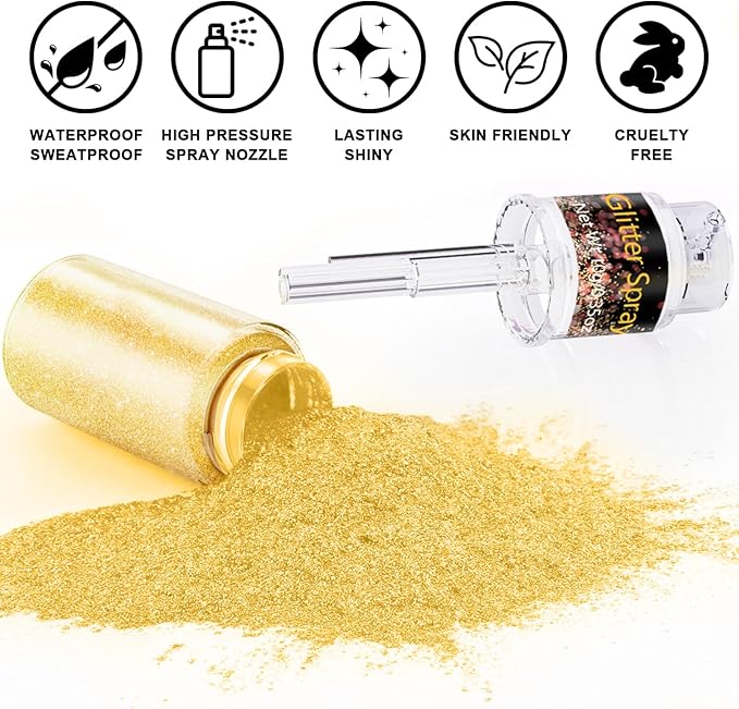 Hair and Body Glitter Spray, 1PC Gold Glitter Hairspray Dry Powder Makeup for Clothes, Festival Rave Prom Loose Sparkle Powder,Holographic Ultra Fine Resin Glitters for Crafts (Gold)