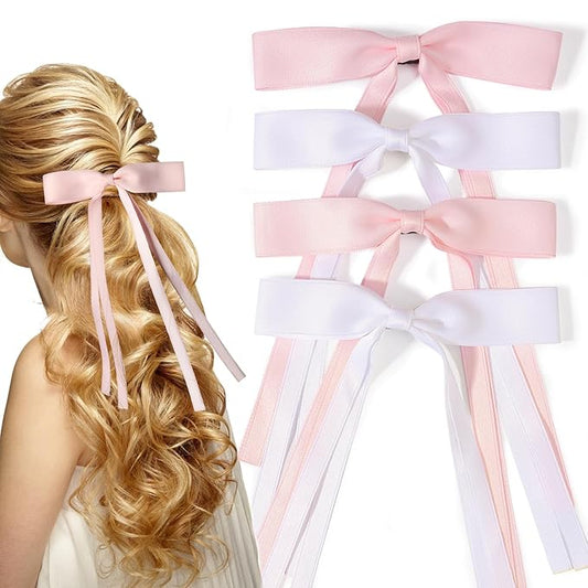 4 PCS Tassel Ribbon Bowknot Hair Clips With Long Tail for Women Girl Teens Kids, Solid Holder Fashion Bow Bowknot Hair Accessories Headwear Barrettes Claw(Pink&White)
