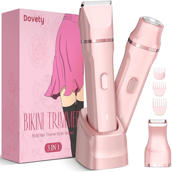 Bikini Trimmer for Women, Dovety 3 in 1 Painless Electric Razors for Women, Rechargeable Pubic Hair Trimmer Electric Shaver for Legs Body Facial Hair, IPX7 Waterproof, Ceramic Blade, USB Charge Dock