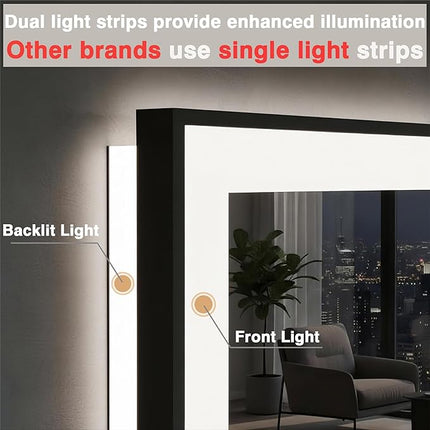 48x40 LED Lighted Bathroom Mirror - Black Aluminum Framed (Front and Backlit), Anti-Fog Bathroom Mirror with Lights,Stepless Dimmable LED Mirror,3 Colors Smart Mirror(Horizontal/Vertical)