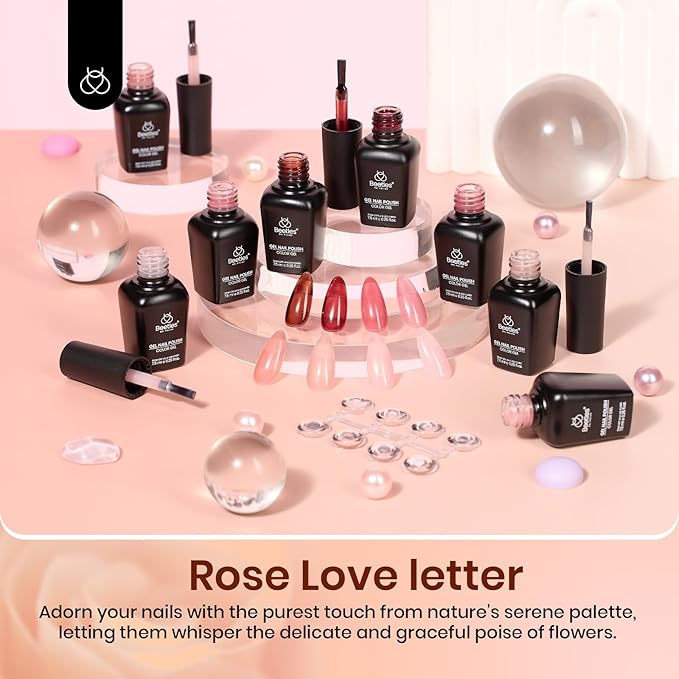 Beetles Pink Jelly Gel Nail Polish, 8Pcs Nude Brown Nails Sunset Rose Collection Gel Polish Nails Art Soak off Uv LED Manicure Gift Set Nail Trend Gift for Women