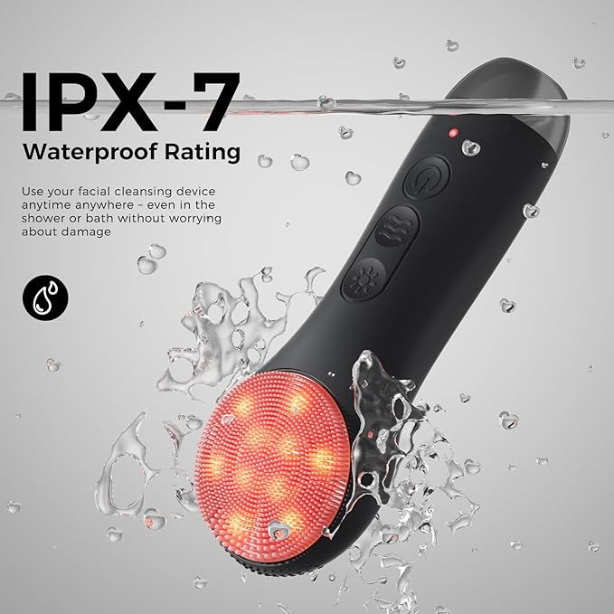 Facial Cleansing Brush Face Scrubber - Rechargeable Electric Face Cleansing Brush with 4 LED Gentle Light Liquid Silicone Modes Exfoliator,IPX7 Waterproof Ideal Gift for Men and Women-Black