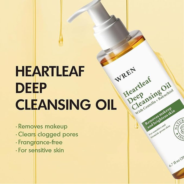 Wren Heartleaf Deep Cleansing Oil, Face Oil Cleanser for Makeup Removal, Blackhead & Pore Care, Skincare for Sensitive Skin, Brightens Skin – 6.76 fl oz (200ml)