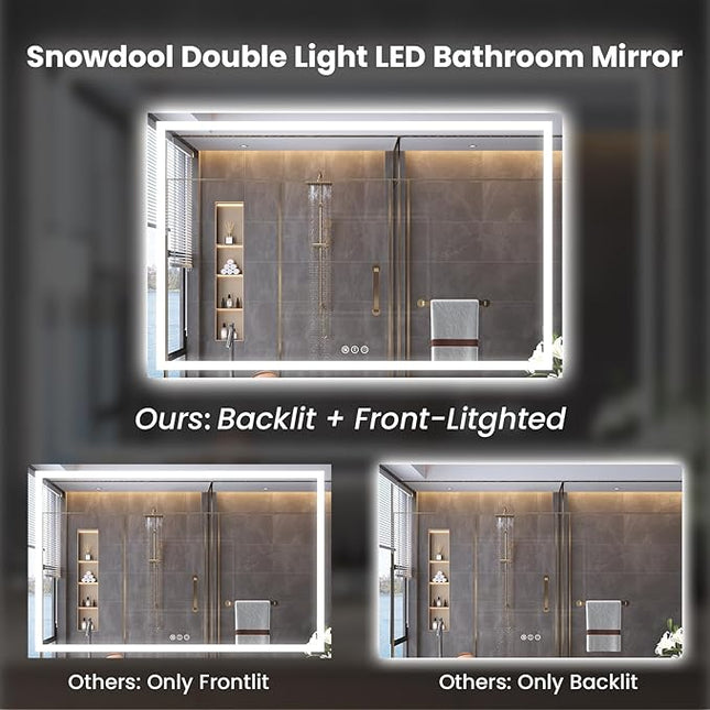60"X24" LED Bathroom Mirror with Front Lights and Backlit, Anti-Fog, Dimmable, Shatter-Proof Tempered Glass, Lighted Bathroom Vanity Mirror for Wall with 3 Colors, Memory Function