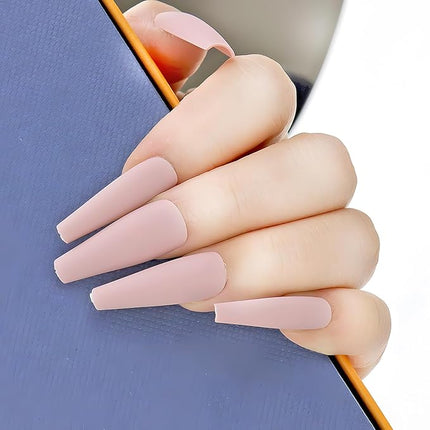 LoveOurHome 100pc Coffin Press on Nails Long Fake Nails Matte Full Cover False Nails Press ons Artificial Nail Medium Ballerina Fake Fingernail Nude Presson on Nail Tips for Women Kids Girls