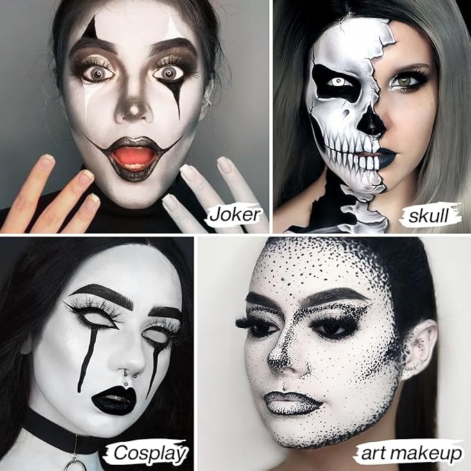 Halloween Black White Face Paint, Goth White Foundation Makeup Cream To Powder Greasepaint, Emo Gothic Clown Cosplay Face Painting Full Coverage, Eye Black Body Paint SFX Cary Skeleton Zombie Costume