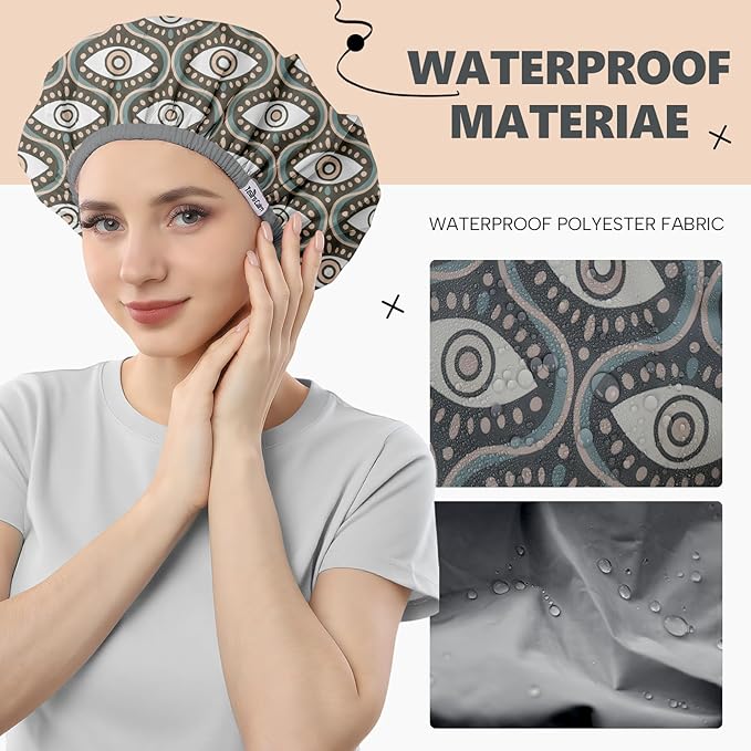 Years Calm Evil Eye Shower Caps for Women Reusable Waterproof, Pattern and Solid Color Dual-Layer Design, Hair Cap for Shower with Elastic Band, Fits Braids, Dreadlocks & Long Hair (Gray)