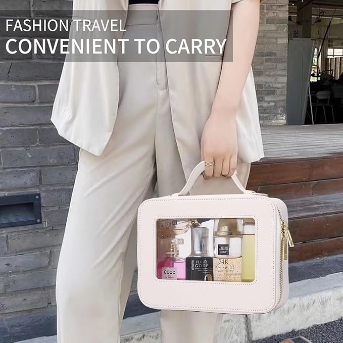 Pinkmik Travel Clear Makeup Bag with Brush Bag Portable Cosmetic Bag Case Transparent Toiletry Bag Cosmetic Organizer Storage Bag for Women (White, L+SLIM)