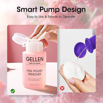 Gellen Nail Polish Remover Raspberry Scent, Acetone Free Nail Polish Remover for Quick Dry Nail Polishes, Gentle Nail Polish Removal Pump with Vitamin E, Fingernail Polish Remover 6.09 Fl Oz